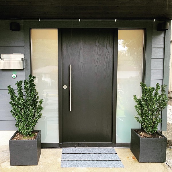 dark brown wood door featuring an extra large door pull and plants on both sides