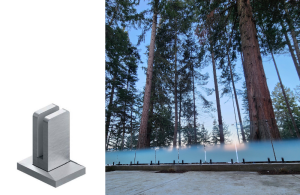 piece of spigot glass railing hardware next to a photo of it in use with frosted glass panels