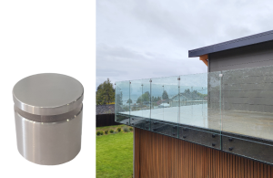 Photo of a standoff glass railing hardware piece next to an image of it in use on a glass railing